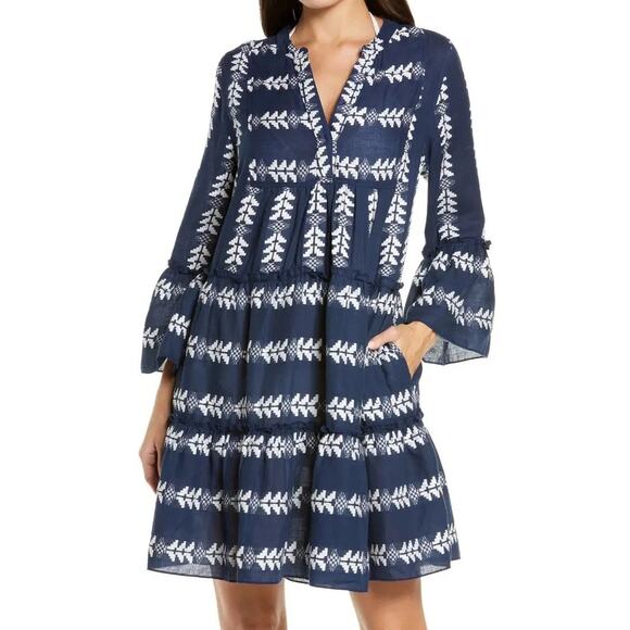 Elan Dresses & Skirts - Elan Boho Embroidered Cotton Mini Dress Navy Tiered Cottagecore Indie‎ M